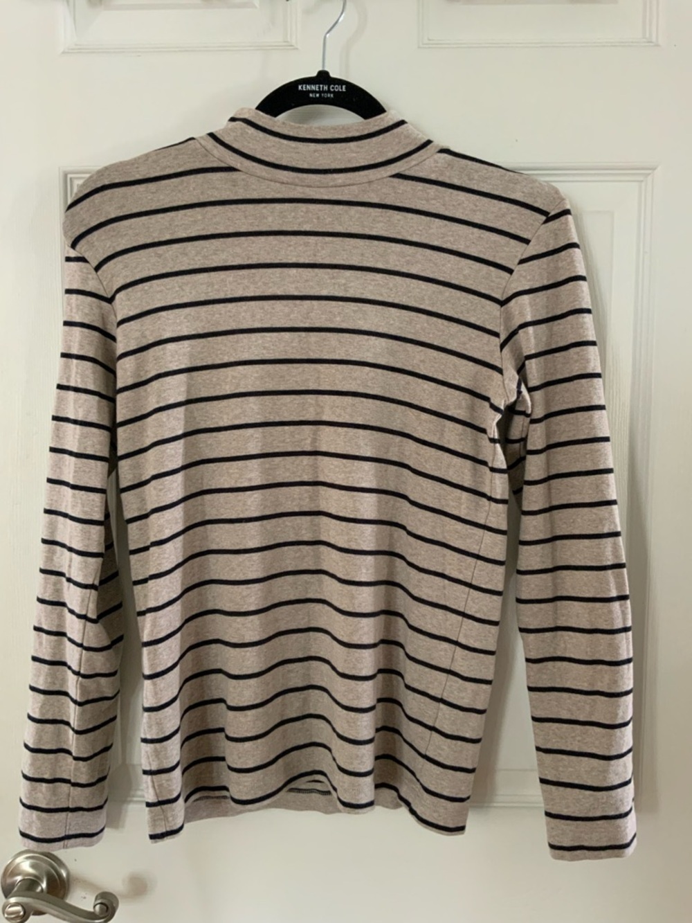 Classic Striped Cotton Mock Neck Long Sleeve Top in beige and black